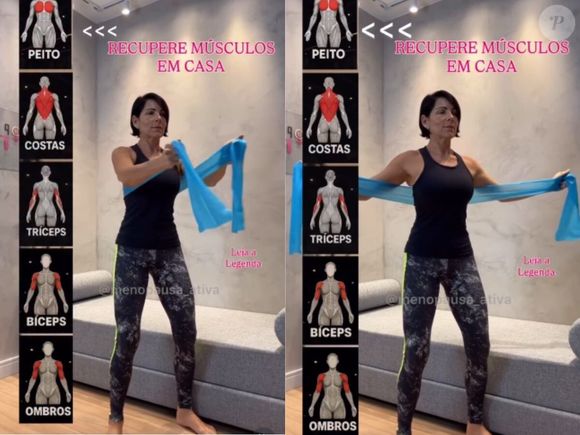 Exercício para o peito: coloque a faixa elástica atrás das costas e segure uma ponta em cada mão. Abra e feche os braços à frente do peito