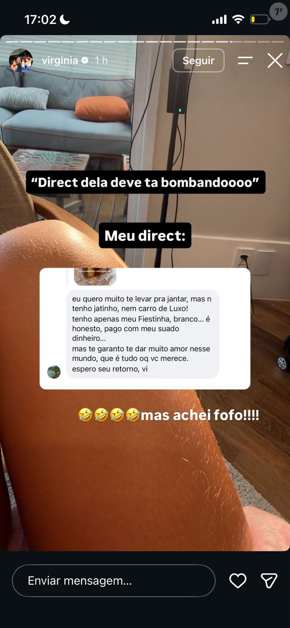 Virginia Fonseca divertiu os seguidores ao compartilhar a declaração de um admirador que gostaria de levá-la para jantar, mas não tinha jatinho nem carro de luxo. O pretendente disse ter apenas um Fiestinha branco e muito amor para oferecer