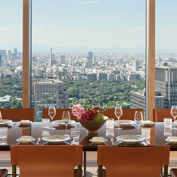 O hotel onde estão hospedados oferece spa, piscina coberta, restaurantes estrelados e vista panorâmica da capital japonesa