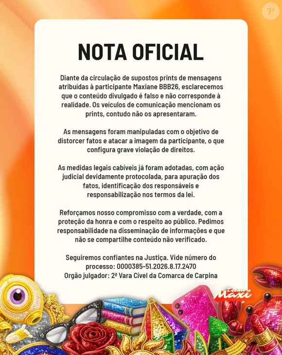 Hoje no 'BBB 26', Maxiane está sendo acusada de usar 'máscara' no reality da Globo; equipe afirmou que prints ácidos sejam verdadeiros