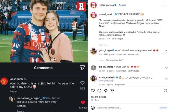 Acontece que o comentário da namorada de João Neves, no qual Georgina Rodríguez respondeu, se tratava de uma fake news