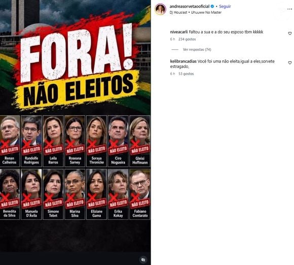Eleições 2026: Andrea Sorvetão foi provocada após cutucar candidatos de esquerda derrotados no Senado