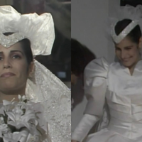 Nada de vestido de noiva básico! Em 1988, Maria de Fátima de Gloria Pires usou look maximalista com acessório extravagante na cabeça