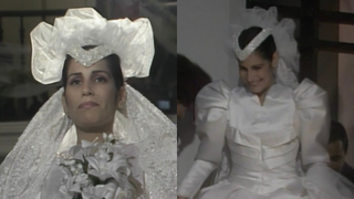Nada de vestido de noiva básico! Em 1988, Maria de Fátima de Gloria Pires usou look maximalista com acessório extravagante na cabeça