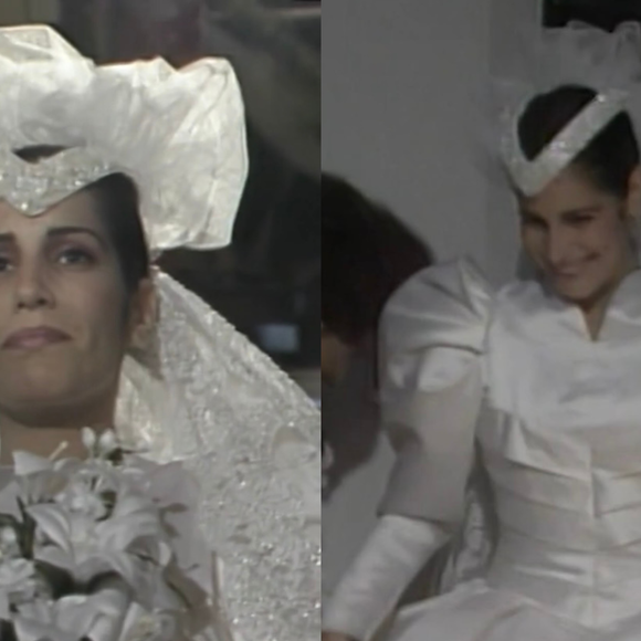 Nada de vestido de noiva básico! Em 1988, Maria de Fátima de Gloria Pires usou look maximalista com acessório extravagante na cabeça