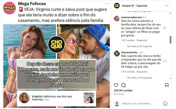 Virginia curtiu post sobre 'ter muito a dizer' e fez sobrar alfinetadas a Zé Felipe, seu ex-marido: 'Tenho a impressão que no dia que ela abrir a boca, o personagem dele vai para o ralo'
