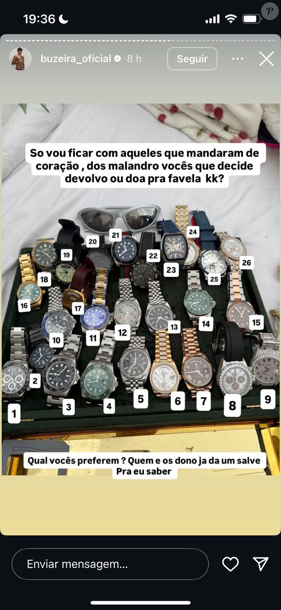 No caso de Buzeira, o 'simbolismo' foi substituído por artigos de luxo: dezenas de Rolex, colares, anéis de ouro, pulseiras e até tênis de grife foram recolhidos pelos padrinhos e amigos próximos do influenciador