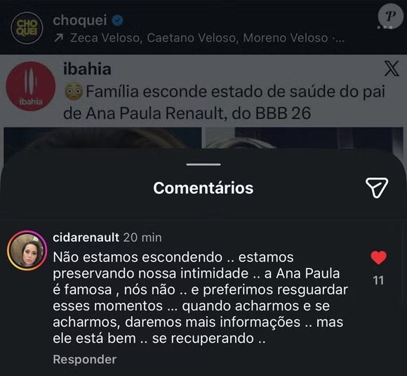 Após dias de especulação nas redes sociais, a família de Ana Paula Renault se pronunciou sobre a saúde do pai da participante do BBB 26. O ex-deputado segue internado, mas apresenta melhora