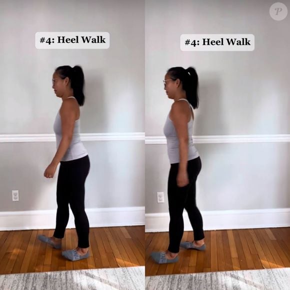 Na sequência de exercícios de pilates, o aluno aqui deve elevar os calcanhares, deixando a ponta do pé para cima, caminhando e melhorando o equilíbrio.