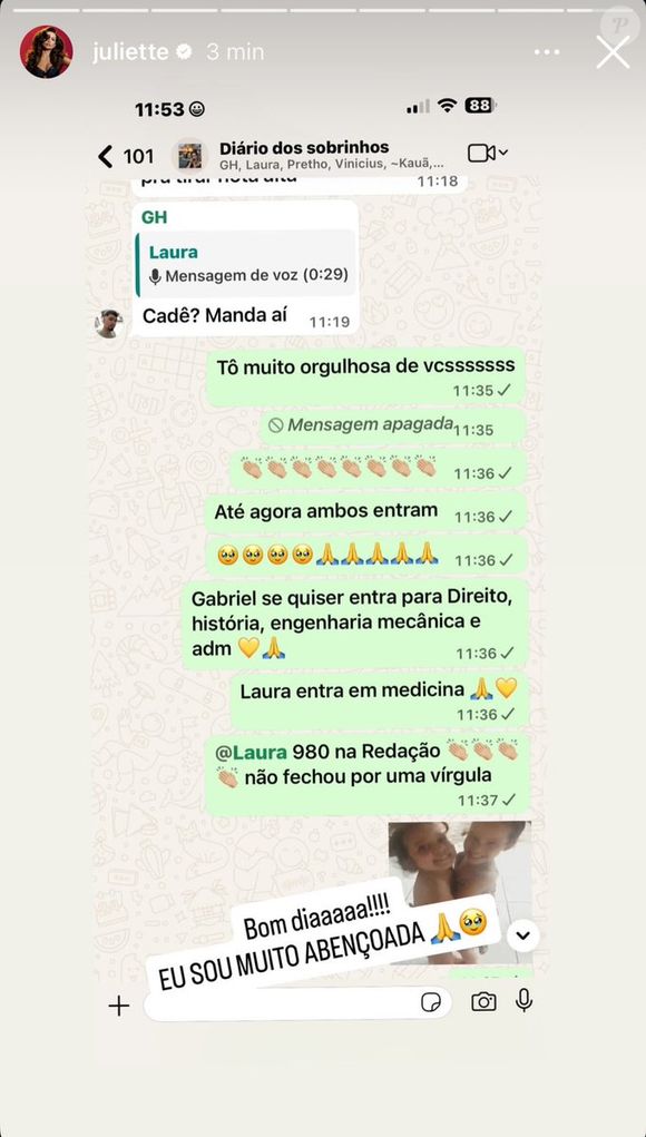 Em mensagens no grupo 'Diário dos Sobrinhos', Juliette celebra as possibilidades de ingresso dos jovens em diferentes cursos universitários