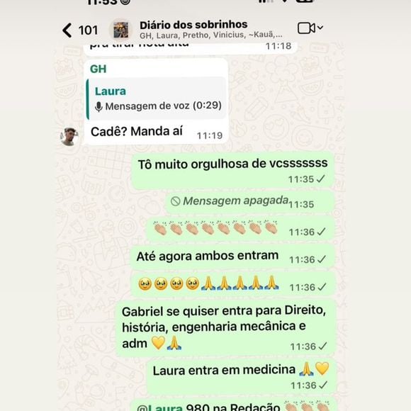 Em mensagens no grupo 'Diário dos Sobrinhos', Juliette celebra as possibilidades de ingresso dos jovens em diferentes cursos universitários