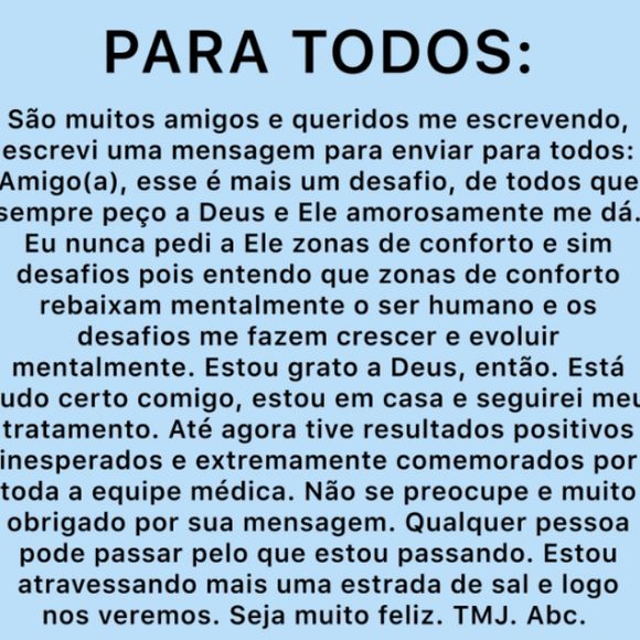 Netinho fez uma postagem em seu perfil na web agradecendo pelo carinho dos fãs, e atualizou estado de saúde.