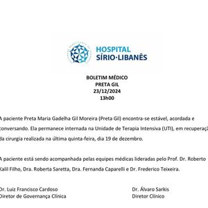 Preta Gil ‘estável, acordada e conversando’, segundo último boletim médico