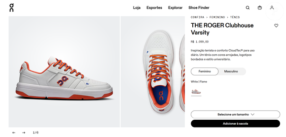 Até o fechamento da matéria, o THE ROGER Clubhouse Varsity White | Flame, da On, estava disponível por R$ 1.099,00, reunindo referências esportivas, estética varsity e elementos de conforto para o uso diário