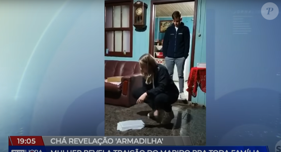 Vídeo viralizado do chá revelação: mulher questiona o marido sobre supostas traições.