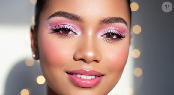 4. Fantasia Rosa Pastel Delicada

Prompt: "Crie retrato feminino etéreo com maquiagem em tons rosa pastel, blush suave, pálpebras rosadas com efeito frost, glitter sutil no canto interno dos olhos, lábios rosados brilhantes. Expressão leve e sorridente, fundo com luzes bokeh suaves e iluminação natural difusa."