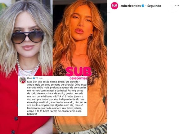 Após curtir alfinetada a Virginia, Thais Gebelein, mulher de Pedro Leonardo, se pronunciou: 'Acho que antes de tudo devemos falar de estilo, gosto... e cada um tem um e tudo bem, não? A Vi é linda, jovem e vou sempre torcer por ela, independente do que ela esteja vestindo, acertando, errando'