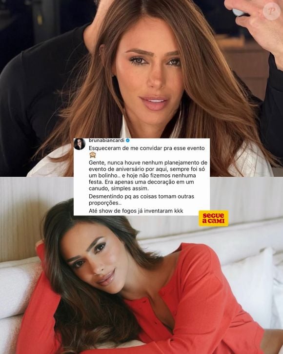 "Gente, nunca houve nenhum planejamento de evento de aniversário por aqui, sempre foi só um bolinho e hoje não fizemos nenhuma festa", disse Bruna Biancardi nos comentários de uma página do Instagram