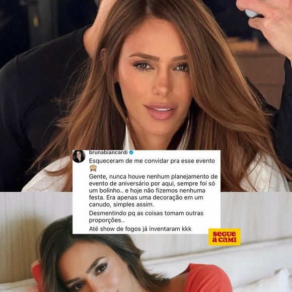 "Gente, nunca houve nenhum planejamento de evento de aniversário por aqui, sempre foi só um bolinho e hoje não fizemos nenhuma festa", disse Bruna Biancardi nos comentários de uma página do Instagram