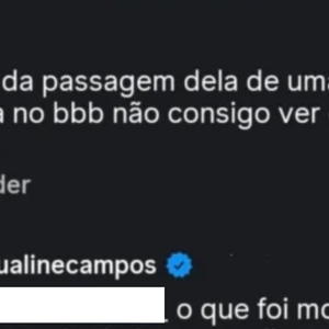 Aline Campos fez a acusação em interação com uma internauta no Instagram: ‘O que foi mostrado foi manipulado. A escolha sempre será dos olhos que veem’