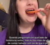 ‘Quando me perguntam em qual lado da história eu estou, mas eu sou mais da vibe de comer tomate com sal do que ir pra outro país atrás de homem’, postou a tiktoker Mariana Liposki