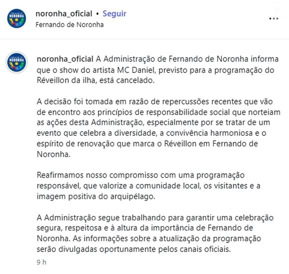 MC Daniel teve seu show no réveillon de Fernando de Noronha cancelado