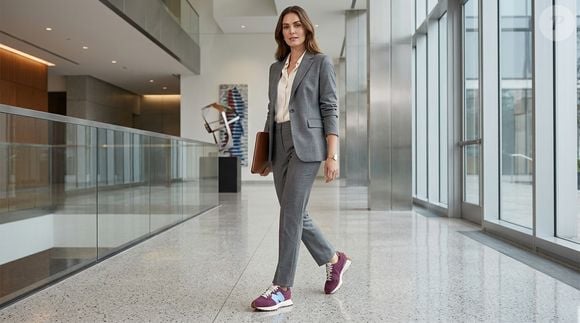 Para quem gosta de misturar estilos, o New Balance 327 vinho também pode aparecer em produções mais formais, como looks com terninho de duas peças