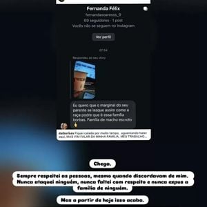 Lucas Borbas publicou nos stories uma mensagem de ódio recebida por familiares nas rede sociais e lamentou o ocorrido