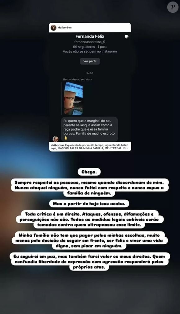 Lucas Borbas publicou nos stories uma mensagem de ódio recebida por familiares nas rede sociais e lamentou o ocorrido