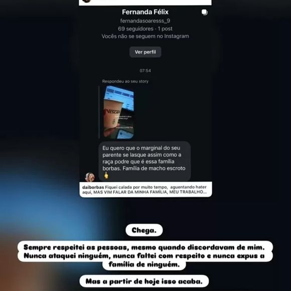 Lucas Borbas publicou nos stories uma mensagem de ódio recebida por familiares nas rede sociais e lamentou o ocorrido
