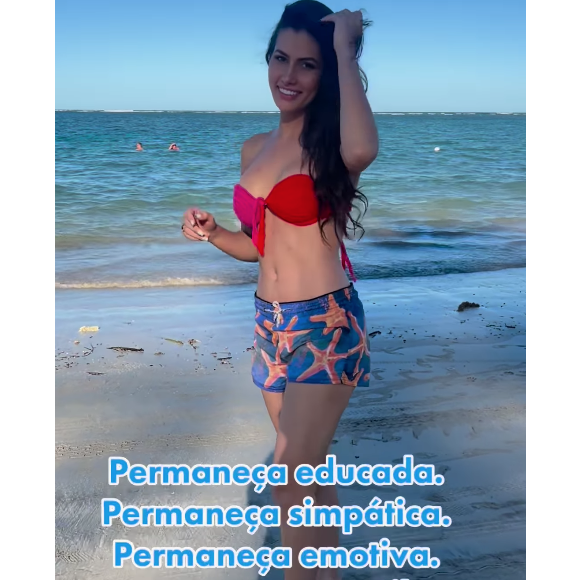 De biquíni e microshort, a esposa de Amado Batista desfilou ao som de 'Um Avião de Mulher', música do cantor em uma praia