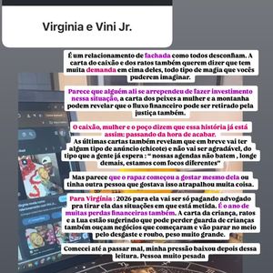 Em sua previsão completa, a taróloga Alessandra de Freitas Garcia aponta que Virgínia Fonseca e Vini Jr. viviam um ‘relacionamento de fachada’