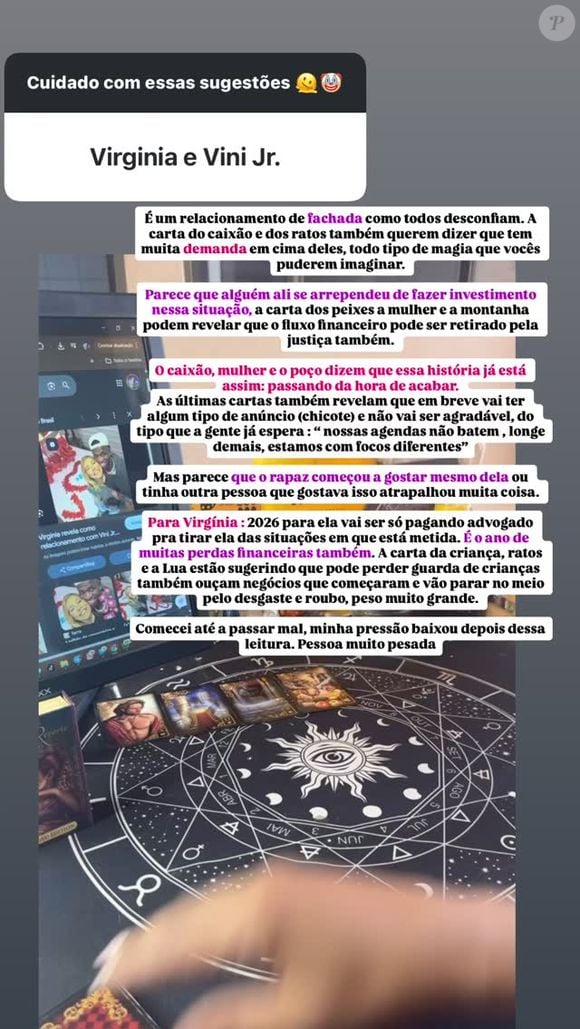 Em sua previsão completa, a taróloga Alessandra de Freitas Garcia aponta que Virgínia Fonseca e Vini Jr. viviam um ‘relacionamento de fachada’