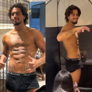 Zé Felipe faz bronzeamento artificial e exibe corpo sarado só de cueca