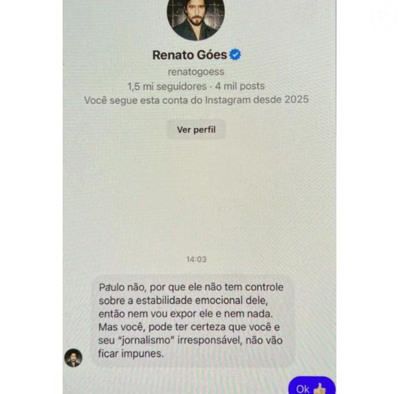 Paulo Ferreira copartilha no Instagram mesnagem de Renato Góes