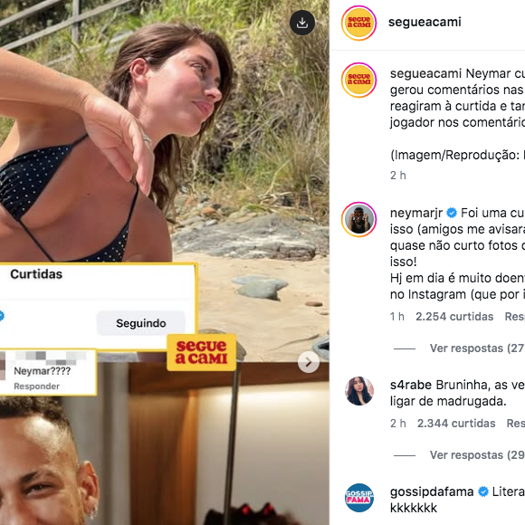 "Foi uma curtida sem querer, eu nem tinha visto isso (amigos me avisaram).. quem me segue sabe que quase não curto fotos de mulher, justamente pra não causar isso!", se justificou Neymar