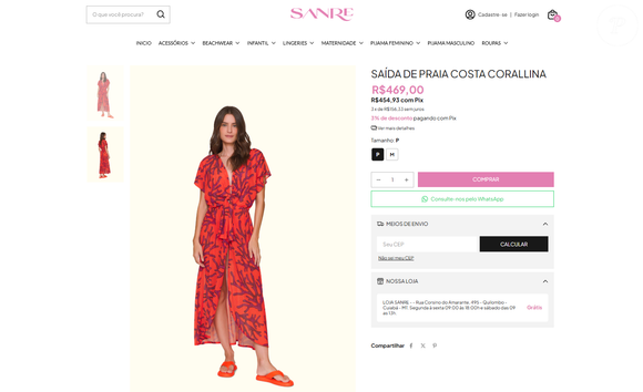 De acordo com o site da Sanre, a saída de praia escolhida por Rafaella Justus custa em média R$ 469,00, é estampada, de caimento fluido.
