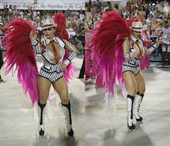 Viviane Araújo usou uma fantasia de malandro com 8 mil pedras e um body representando um terno. Nas costas, uma 'asa' em degradê de rosa e vermelho