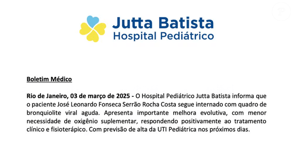 Segunda feira (3), boletim médico de José Leonardo Fonseca, filho da influenciadora Virginia Fonseca e do cantor Zé Felipe