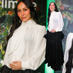 Sempre fashionista! Grávida, Sabrina Sato exibe barriguinha em look que reúne 3 tendências da moda internacional: laço gigante, bordados e saia volumosa