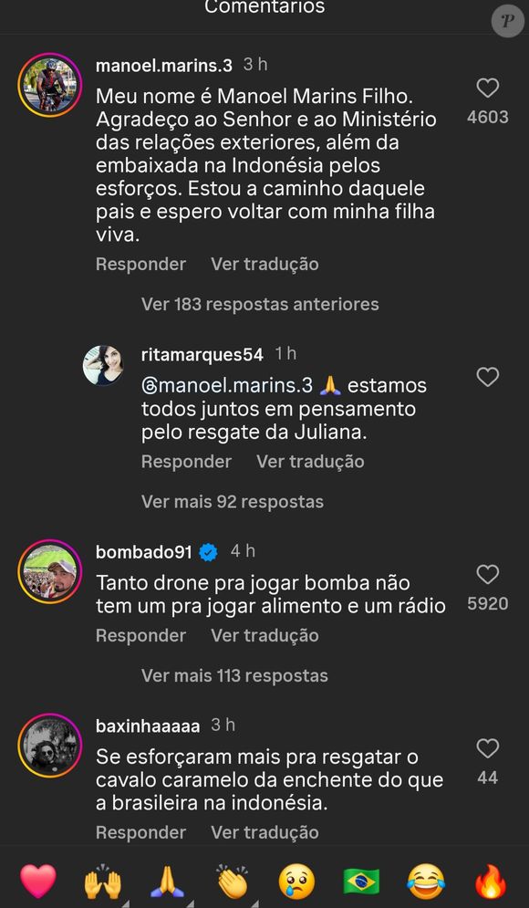 'Espero voltar com minha filha viva', escreveu Manoel em comentário no perfil do presidente Lula ao agradecer os esforços diplomáticos