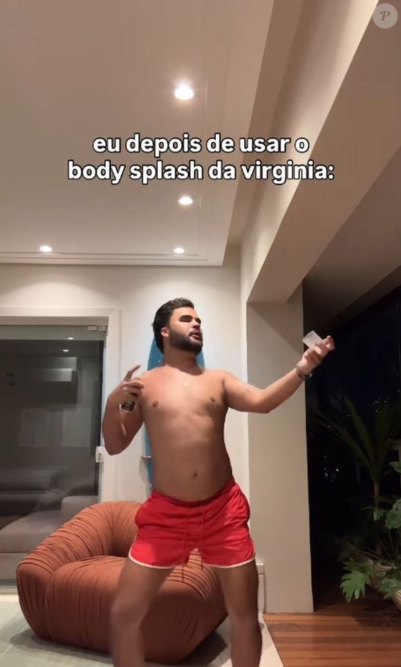 Lucas Guedez imitou Virgínia sambando após usar um body splash da marca da influencer
