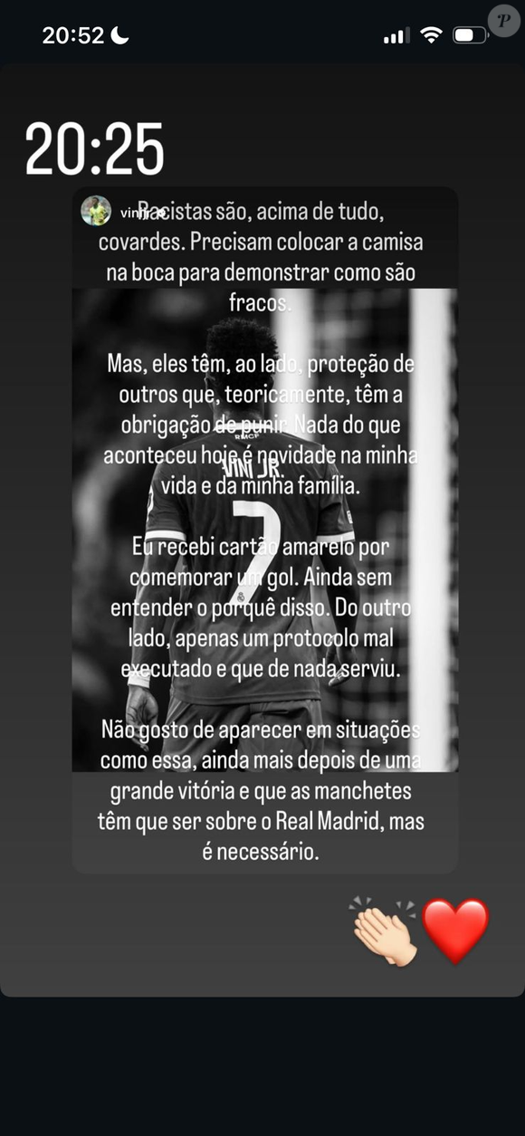 Na ocasião, Virgínia Fonseca demonstrou apoio a Vini Jr. compartilhando uma mensagem escolhida pelo próprio namorado nos stories