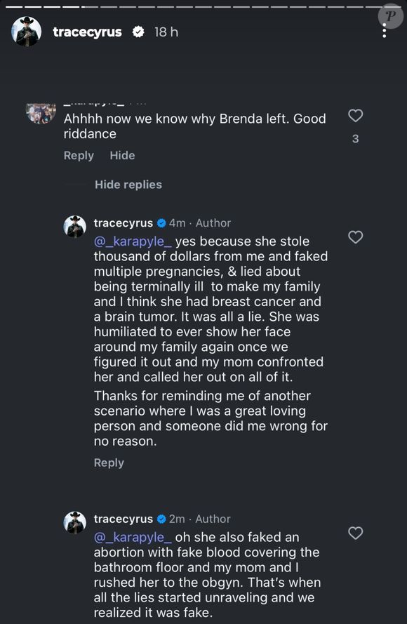 Trace Cyrus, músico e irmão de Miley Cyrus, fez as acusações em uma série de postagens no Instagram