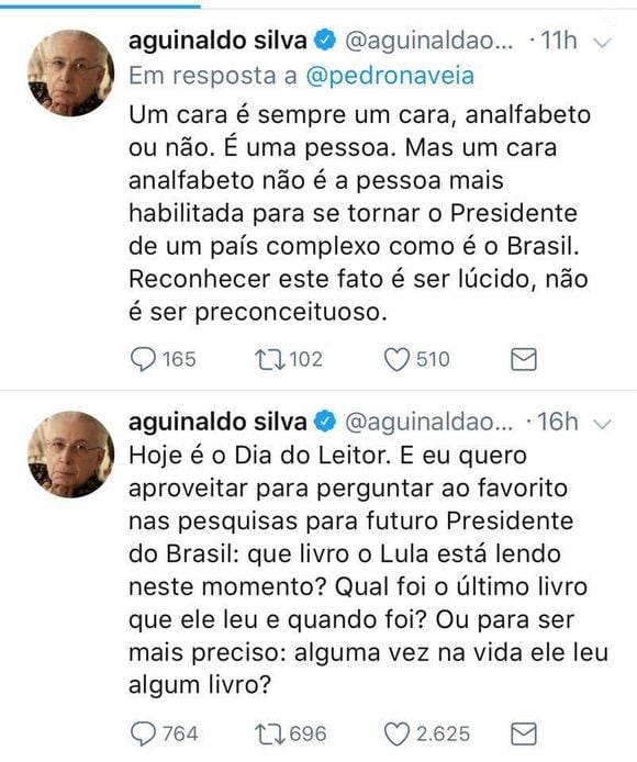 Aguinaldo chamou de Lula de 'analfabeto'