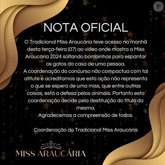 Organização do Miss Araucária retirou o título de Gabrielly Vitória após vídeo chocante