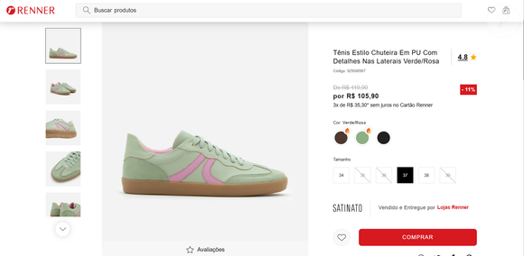 Até o fechamento desta matéria, o modelo Tênis Estilo Chuteira em PU com Detalhes nas Laterais Verde/Rosa está disponível no site da Renner por R$ 105,90