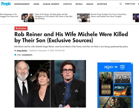 Filho é principal suspeito na morte de Rob Reiner e Michele Singer Reiner, diz revista People