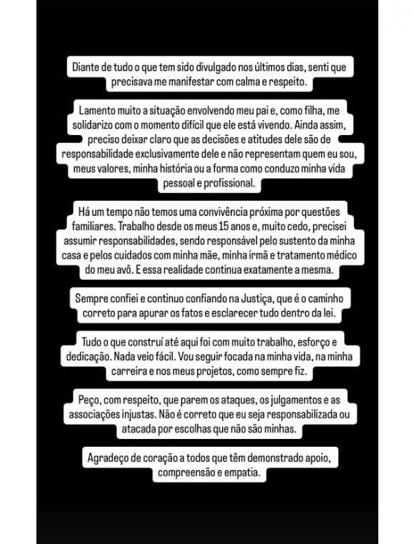 Duda Freire após prisão do pai se pronunciou em nota oficial, revelando ser responsável pelo sustento da família desde os 15 anos