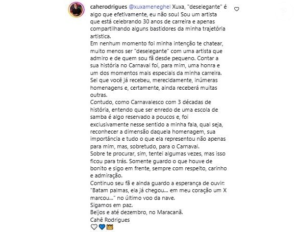 Xuxa x Cahê Rodrigues: carnavalesco que assinou enredo em sua homenagem em 2004 escreveu: 'Em nenhum momento foi intenção te chatear, muito menos ser 'deselegante' com uma artista que admiro e de quem sou fã desde pequeno'